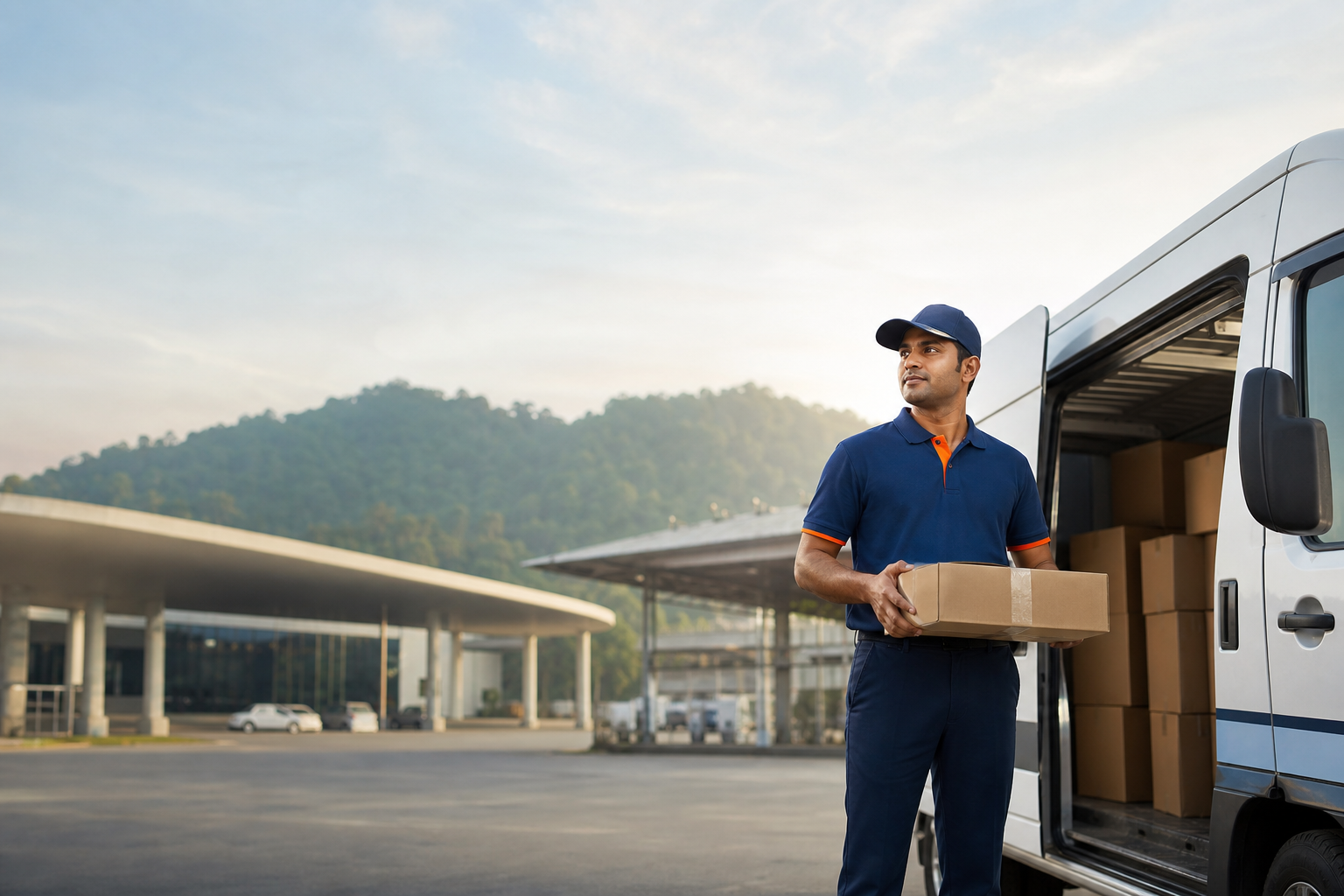 Courier professional with a parcel beside a delivery van